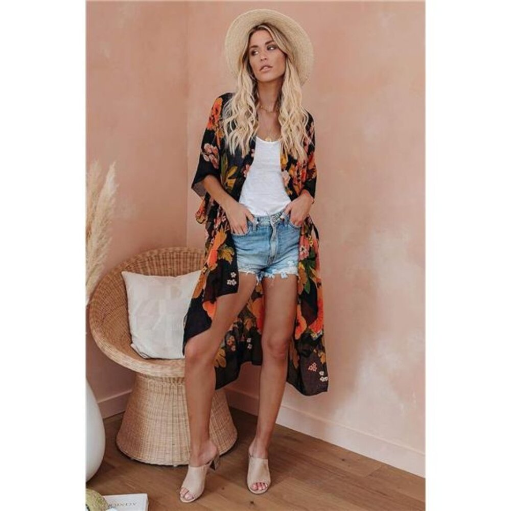 Women's Chiffon Kimono Cardigans Lightweight Batwing Summer Casual - Picture 2 of 8